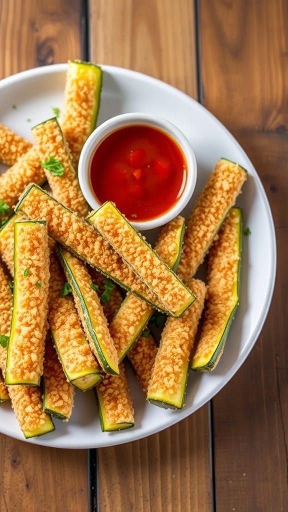 Crispy zucchini fries coated in pork rinds on a plate with dipping sauce.